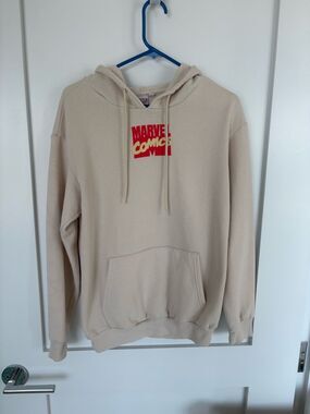 Marvel Comics Hoodie Beige Graphic Sweatshirt Avengers Spider-Man Iron Man-S